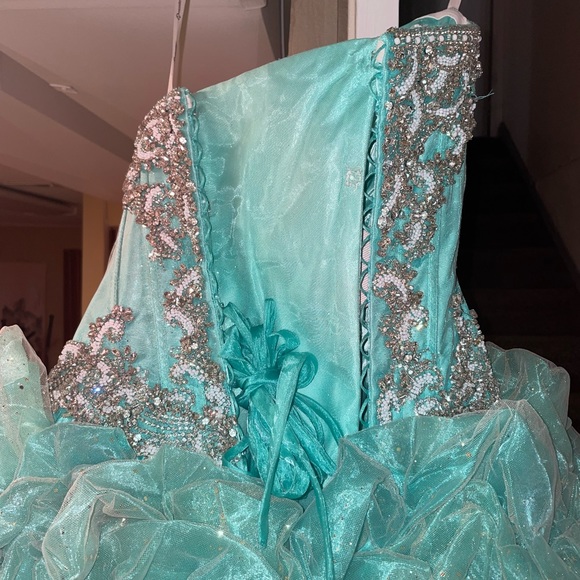 Champagne/Aqua Ruffled Strapless Quinceañera Dress by House of Wu (26800) Size 4 - Picture 11 of 17